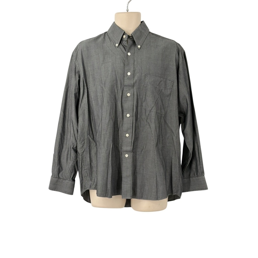 Alan Flusser Mens Black White Herringbone Chevron‎ Button Down Shirt Size L